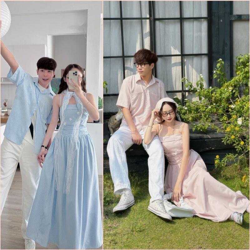 Áo váy cặp đôi - đồ đôi nam nữ sọc xanh kèm khăn phụ kiện đẹp