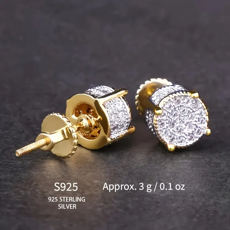 Set of 2 ICED CHICS S925 Silvery Hip-Hop Men'S Earrings Featuring Synthetic Zirconia with Micro-Setting And Color Plating in a Round Design. 0