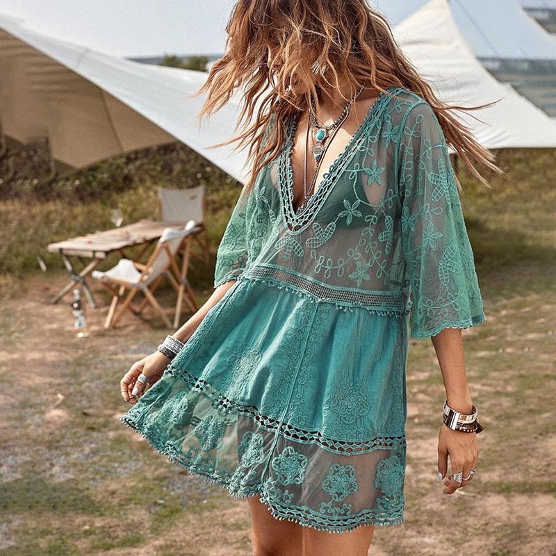 Product Introduction of Women's New V-neck Lace Embroidery Sun Protection Clothing Sexy Bikini Swimsuit Beach Cover 35