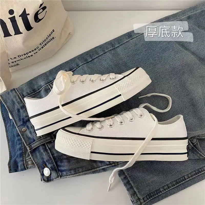 Women's Thick-Soled Low-Top Canvas Shoes Ins Fall Hight Increasing Board Shoes Women's 2023 New Hong Kong Style All-Matching White Shoes