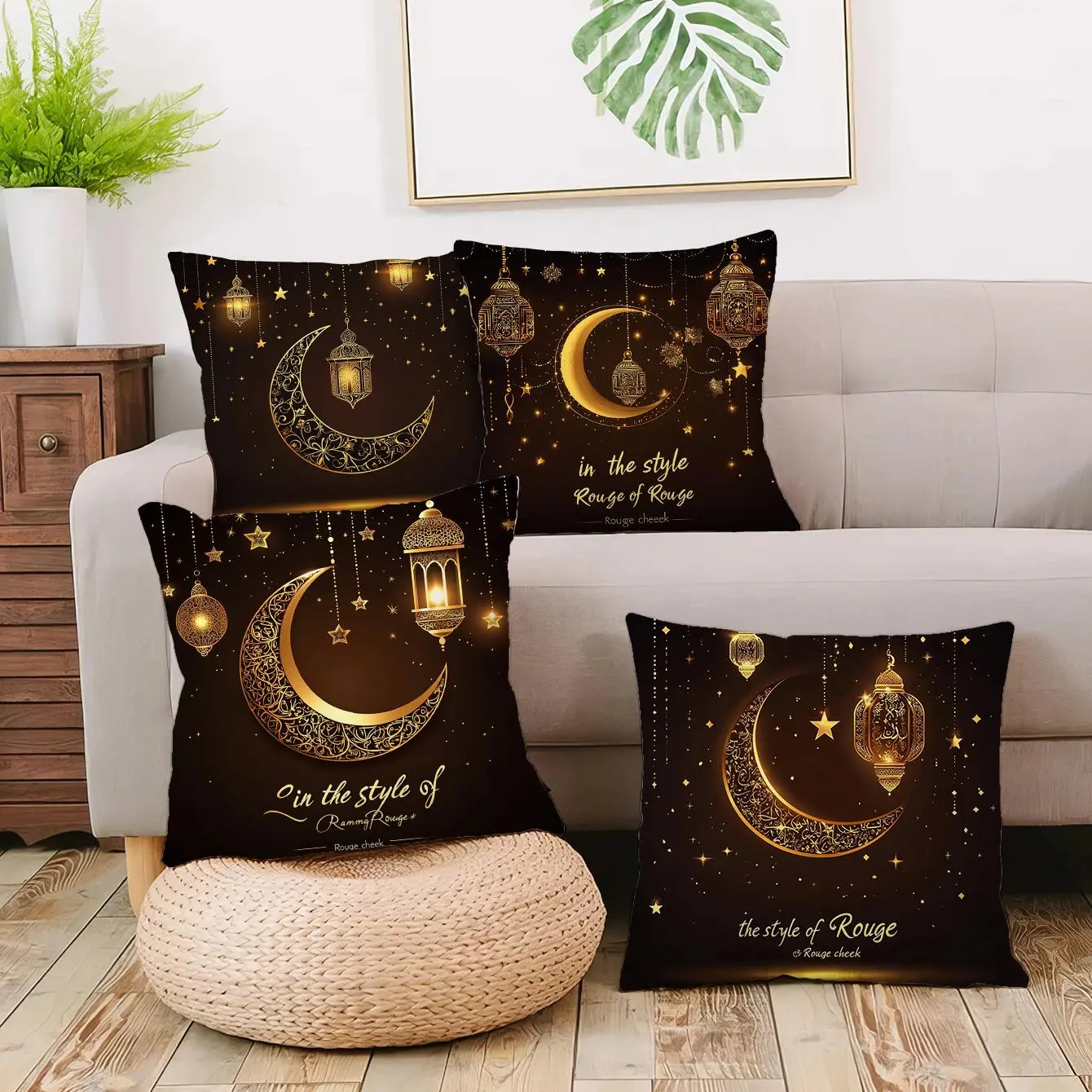 Ramadan Moon & Star Pattern Cushion Cover without Filler, 4 Counts/set Square Throw Pillow Cover, Household Decoration Supplies for Home Living Room Bedroom