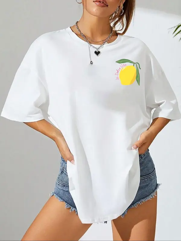 Women's Lemon Print Round Neck Tee, Casual Short Sleeve Crew Neck T-Shirt for Summer, Fashion Women's Top for Daily Wear 1