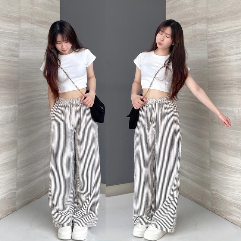 Quần Dài Nữ Kẻ Sọc NHIỀU MÀU phong cách streetwear, Quần ống rộng vải xốp nhăn dành cho nam nữ Molly Fashion 2