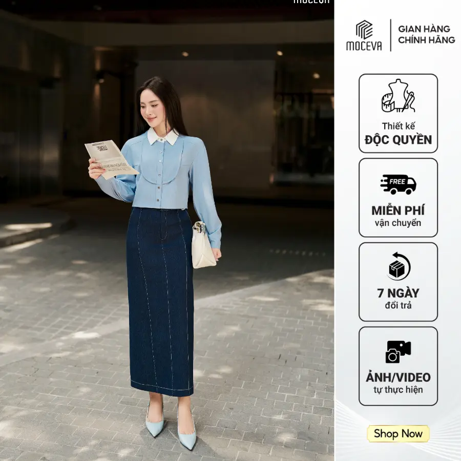 MOCEVA Áo sơmi xanh cổ đức bầu ngực phối chân váy jean dáng dài  Women Voan, Top somi hot