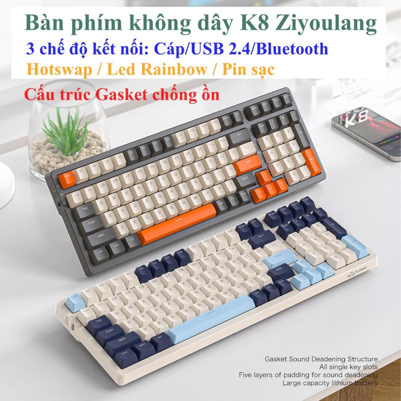  Bàn phím cơ không dây K8 kết nối Bluetooth USB 2.4G Dây Type-C cấu trúc Gasket giảm ồn có hotswap chơi game văn phòng 