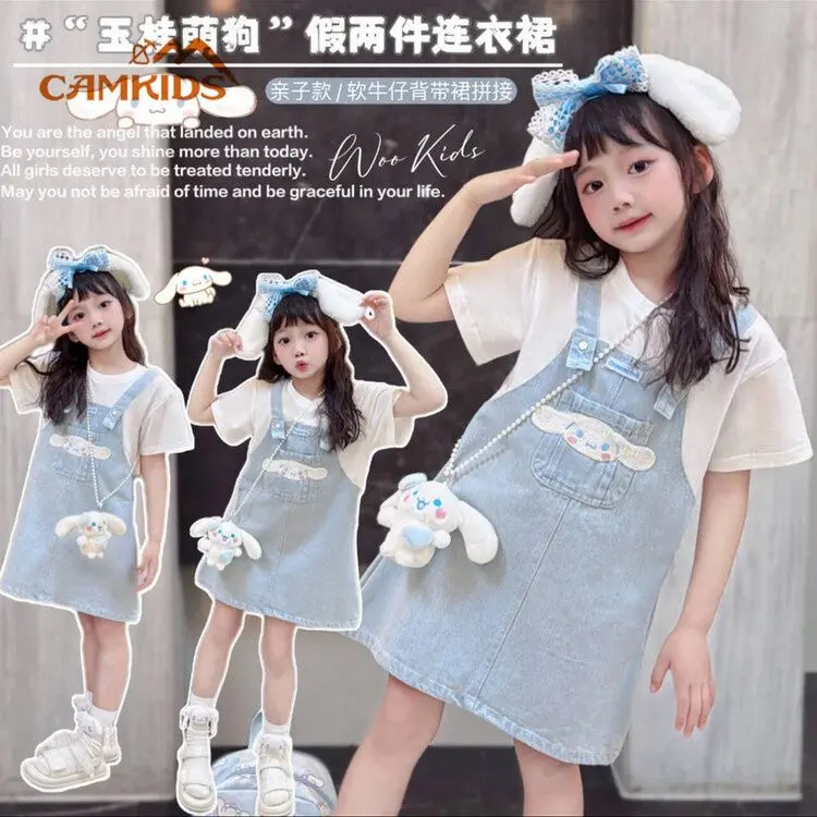 Váy Hai Dây Denim, Cho Bé Gái, Quần Áo Mùa Hè, Camkids, Có Cinnamoroll Và Babycinnamoroll, Váy Giả Hai Lớp, Cho Trẻ Em, Thích Hợp Cho Mùa Hè