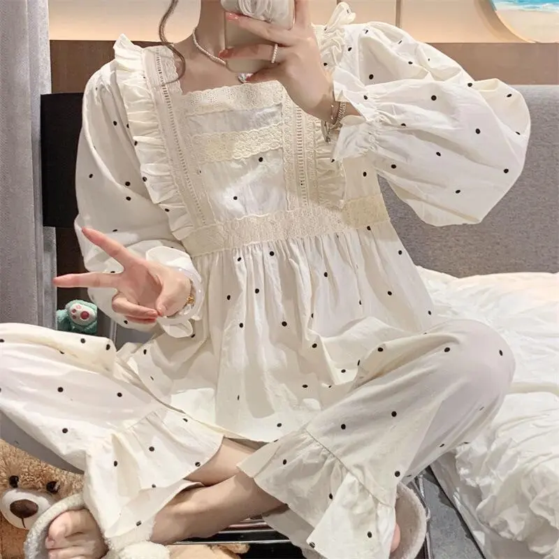 Bộ Đồ Ngủ Dài Tay, Hàng Mới Về, Dành Cho Nữ, Phong Cách Công Chúa Ngọt Ngào Có Họa Tiết Ren Và Chấm Tròn, Quần Áo Nữ Women Sen Voi Nhung Voan