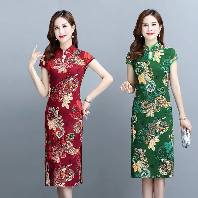 Gaun Cheongsam Lengan Pendek, Gaya Retro, Slim Fit, Skirt Midi Bercetak, untuk Wanita, Ketibaan Baru Musim Panas Merentas Sempadan, Gaya Cina Yang Diperbaiki Casual Dress