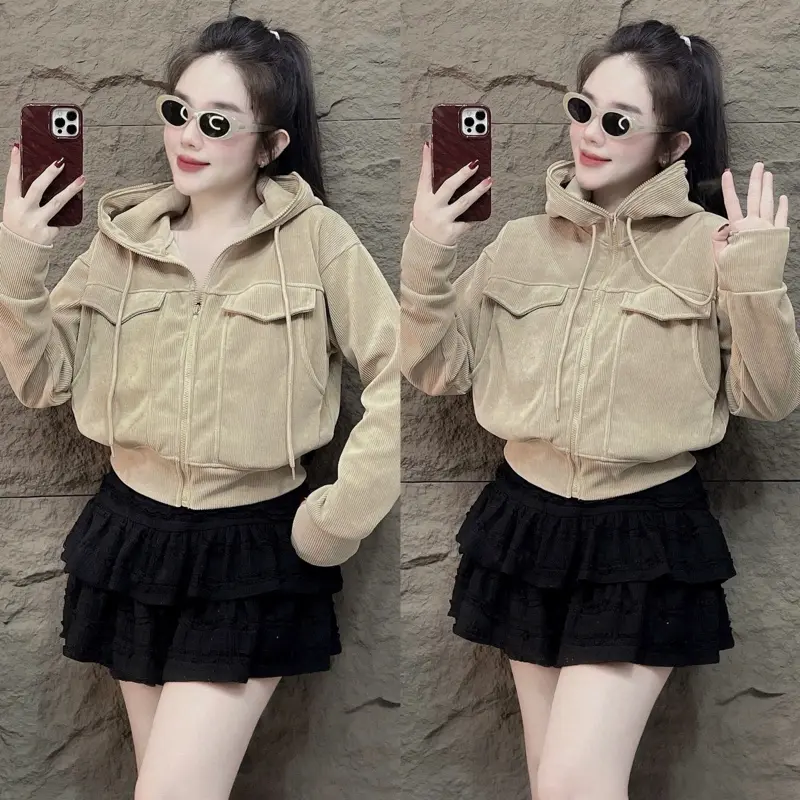 Áo khoát thun gân dáng vừa nón to