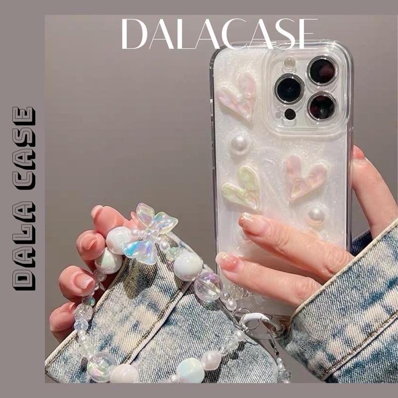 Ốp Lưng Nhũ Nền Trắng Đính Charm Tim Ngọc Trai Kèm Dây cho ip X, XsMax IP11, 11ProMax, IP12, 12ProMax, IP13, 13ProMax, 14ProMax,15ProMax Kem