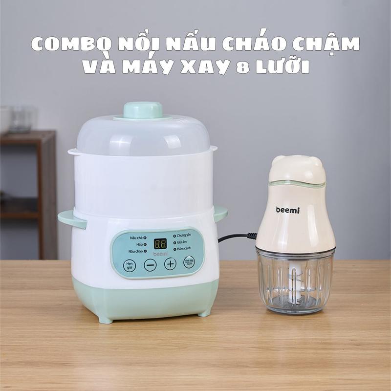 Combo nồi nấu Beemi và máy xay 10 lưỡi Beemi bản mới, dung tích 300ml, xay cháo, xay đồ ăn dặm cho bé