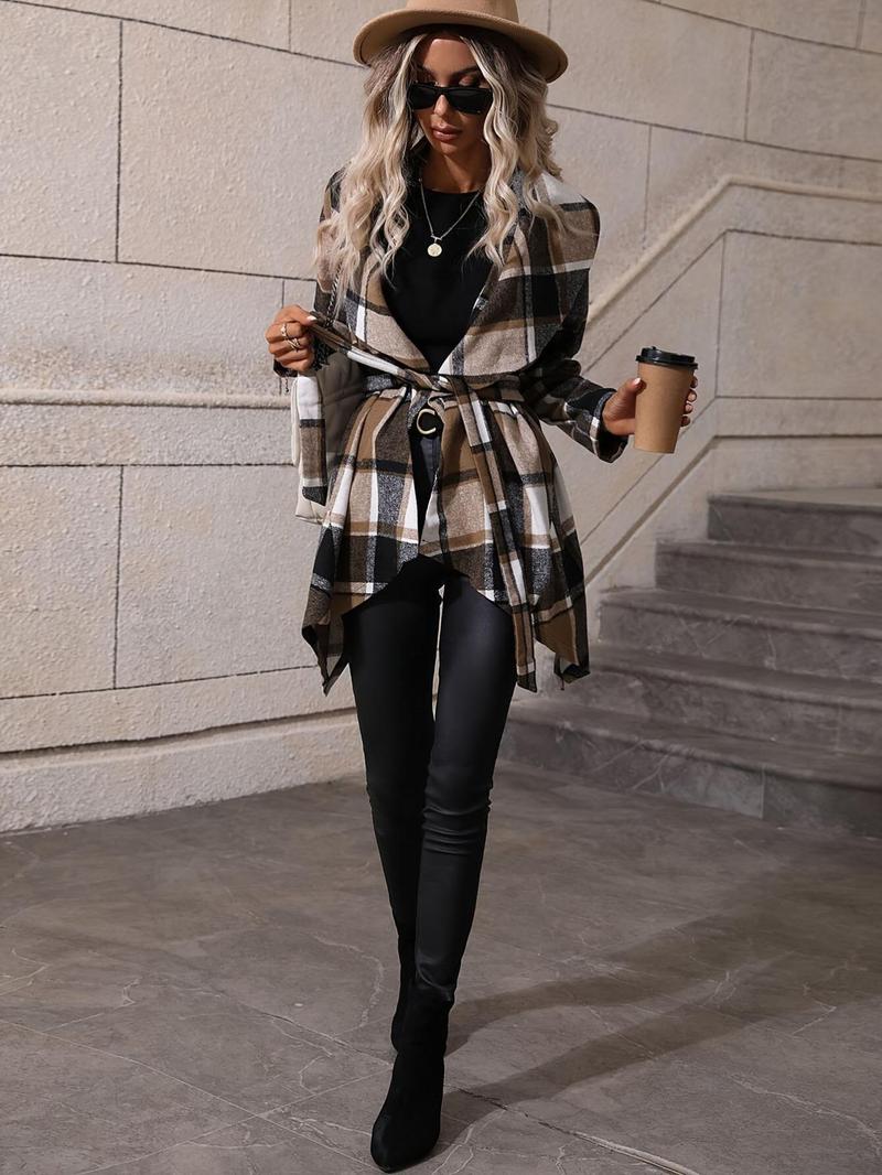Product Introduction of Women's Plaid Print Belted Asymmetrical Hem Coat, Elegant Long Sleeve Waterfall Collar Outerwear for Fall & Winter, Women's Clothing for Daily Wear 10