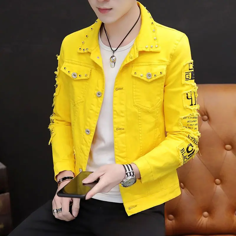 Áo Khoác Denim, Dành Cho Nam Giới, Phong Cách Hàn Quốc Mới, Thiết Kế Đinh Tán Sành Điệu, Áo Khoác Thường Ngày Dáng Ôm, Thích Hợp Cho Mùa Xuân Và Mùa Thu, Thích Hợp Cho Nam Giới Xã Hội