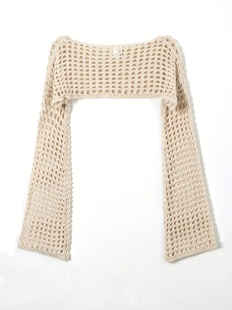 Product Introduction of Women's Solid Hollow Out Sheer Long Sleeve Crop Crochet Sweater, Y2k Casual Boat Neck Jumper for Spring & Fall, Fashion Women's Knitwear for Daily Wear 4