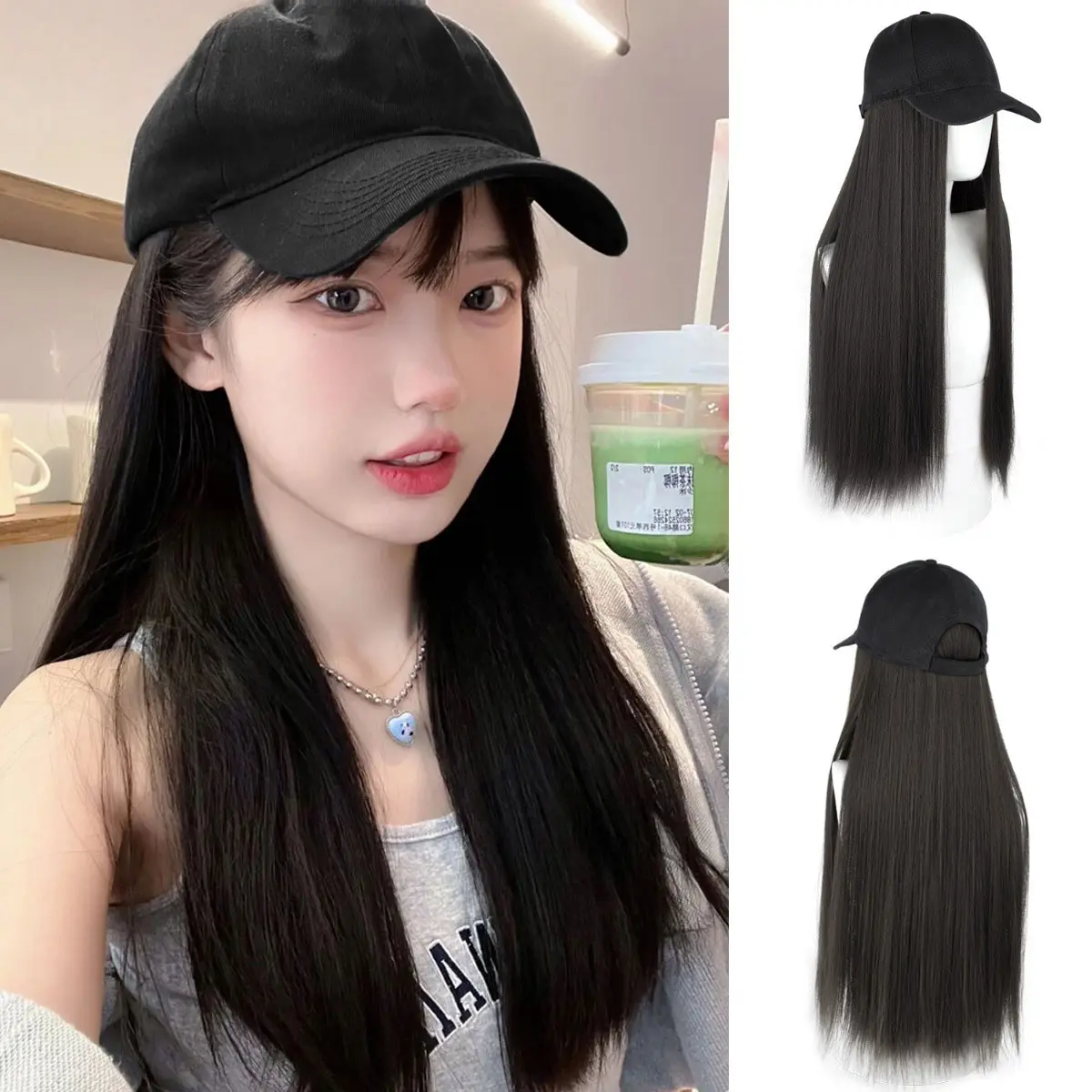 Female One - Piece Wig Hat with Natural Fashion Artificial Hair - Baseball Peaked Cap Style with Long Straight Hair Full - Head Wig