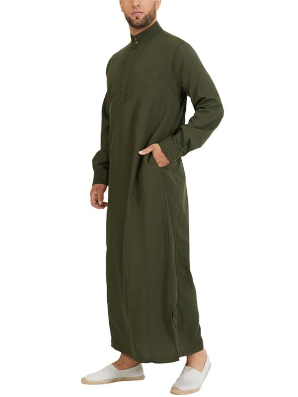 Men's Loose Solid Button Front Split Hem Kaftan, Modest  Mock Neck Pocket Arab Thobe, Casual Men's Islamic Clothing for Daily Wear 5