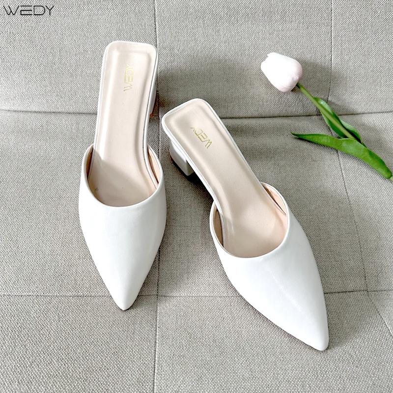 [Hình thật] sục mũi nhọn nữ 5 phân đế vuông, Dép Nữ hottrend 2025, Mũi Nhọn Gót Vuông, dép nữ đế cao 5 phân Màu Trắng WD2302 DéP Shoes GiàY Không có Beige