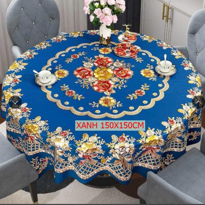  Khăn trải bàn tròn 3D 150*150 chất liệu vải lanh chống nhăn không thấm nước - Mẫu họa tiết hoa lá truyền thống 