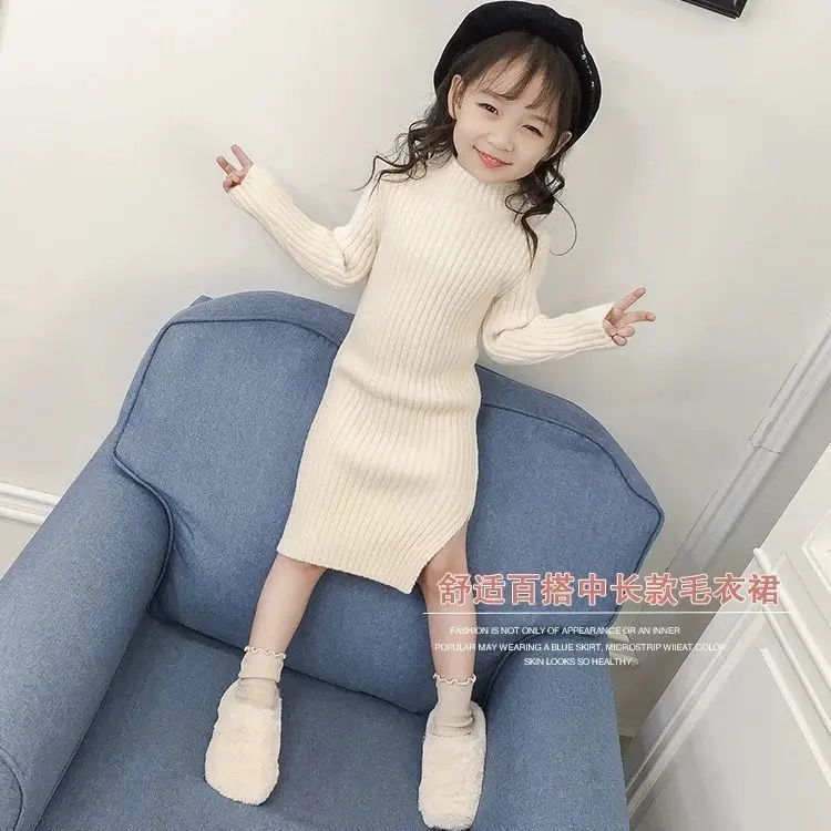 Áo len lông chồn, cho bé gái, dày dặn, dài Trung Bình áo lớp cơ sở dệt kim, phong cách phương Tây, áo Áo Chui Đầu váy len, thích hợp cho mùa thu và mùa đông, 2022 Dress Women Khuy