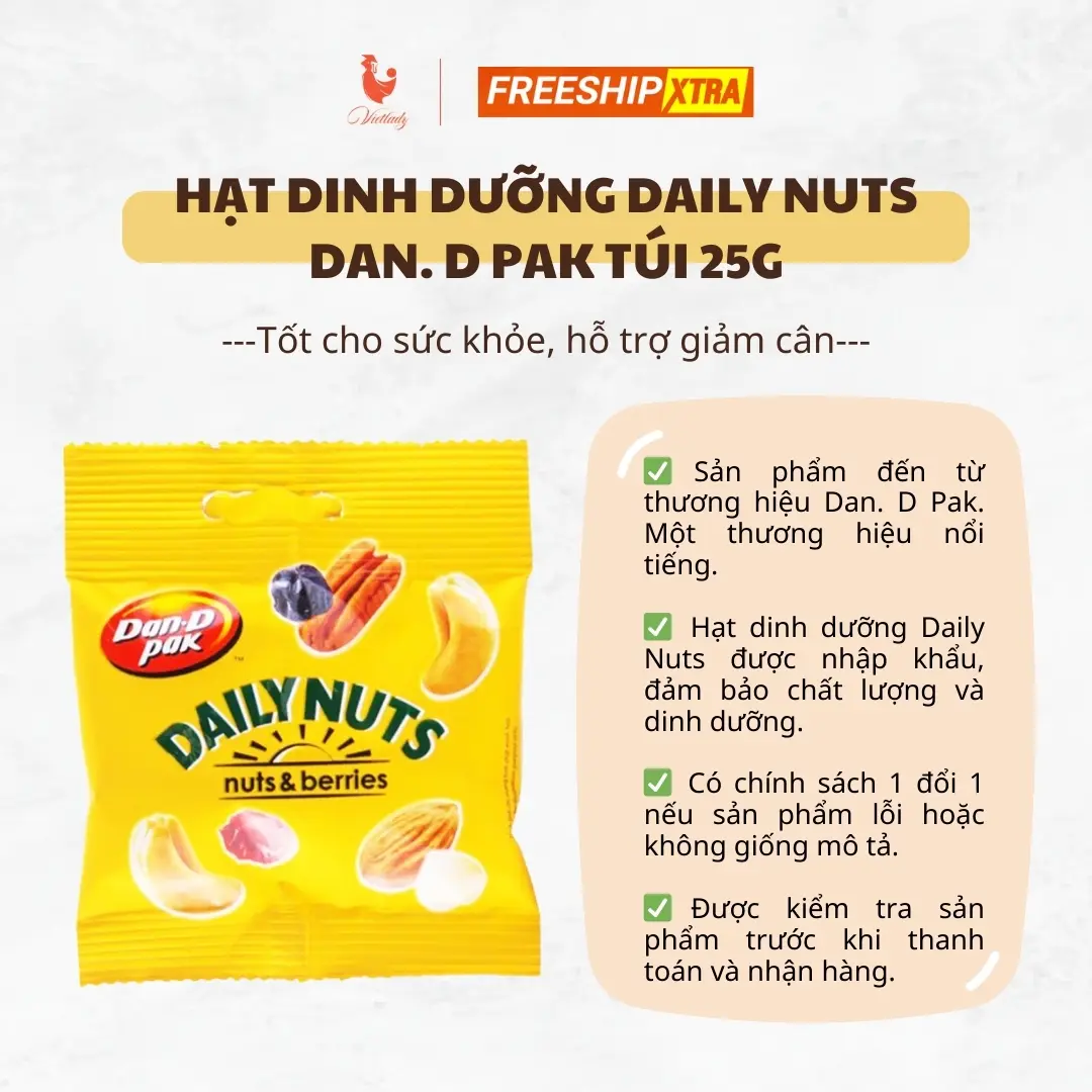 Hạt dinh dưỡng Daily Nuts xuất khẩu Dan. D Pak túi 25g - Gói nhỏ tiện lợi, phù hợp ăn kiêng