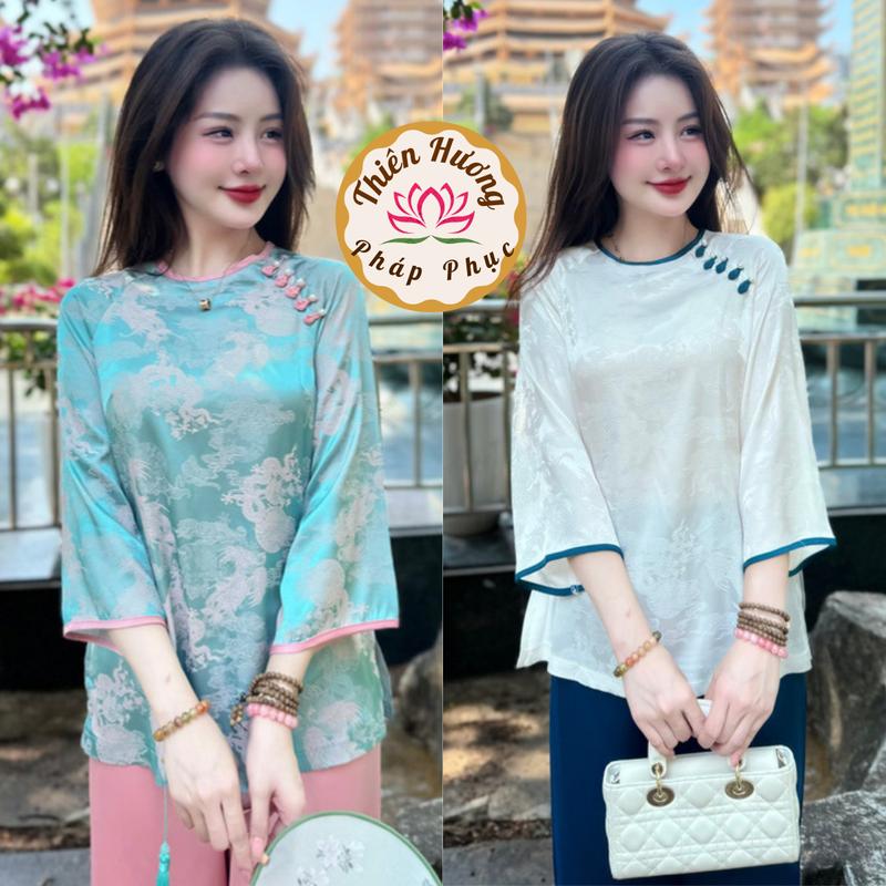 Pháp phục đi chùa cổ tròn khuy tết đính ngọc lụa gấm hình Phượng Hoàng Đồ bộ đi lễ tay lỡ Đồ lam đi chùa cách tân Sang trọng