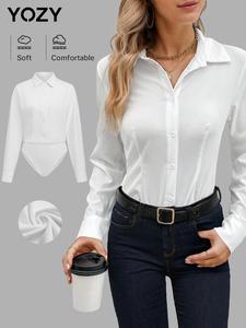 YOZY Women's Plain Button Front Long Sleeve Tee Bodysuit, Casual Comfy Button Closure Crotch Collared Bodysuit for Daily Wear, Ladies Clothes for All Seasons