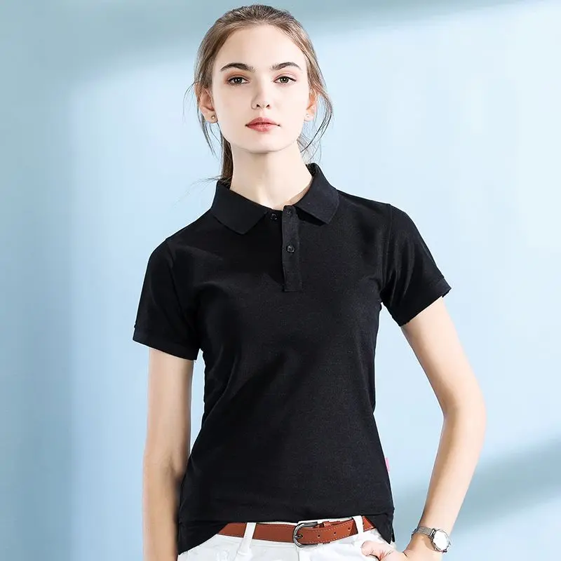 Collar T-Shirt, Women's Short Sleeved Custom Printed Logo, Slim Fit And Slimming, Solid Color Summer Workwear, Polo Shirt