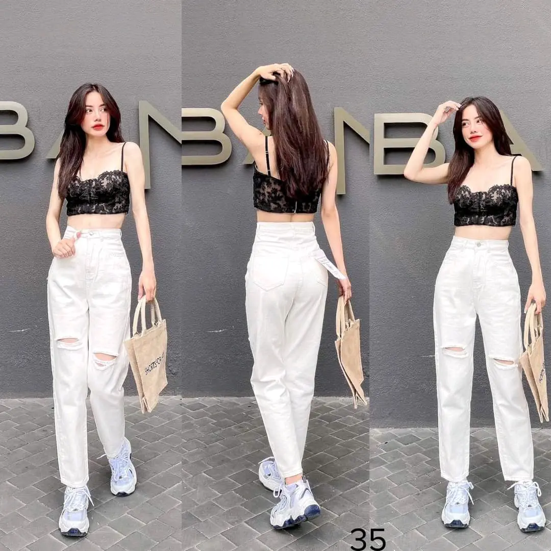 QUẦN BAGGY JEAN TRẮNG RÁCH GỐI Denim Pants