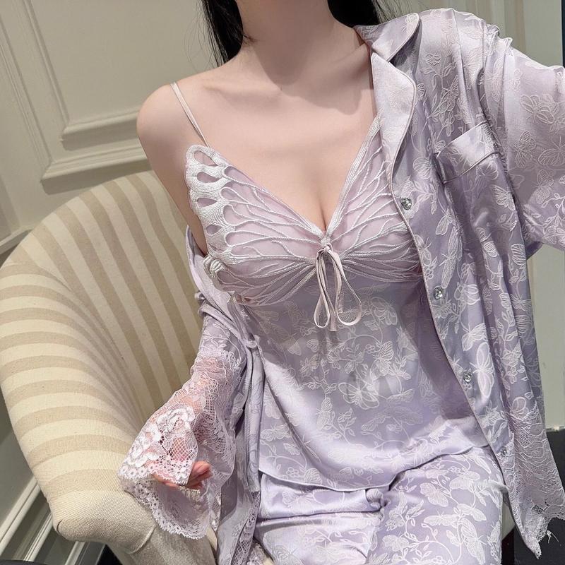 Bộ Đồ Ngủ Lụa, Phong Cách Gợi Cảm, Dành Cho Nữ, Mùa Xuân Và Mùa Thu, Quần Dài Dây Đeo Ren, Mặc Nhà Mùa Hè, Bộ Bốn Mảnh Hình Bướm Tím, Mới Cho Năm 2025 4