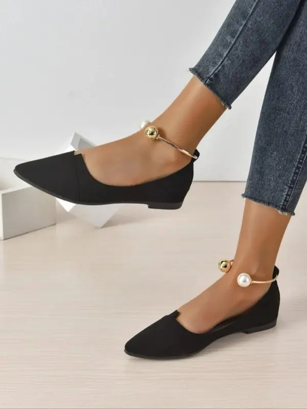 Women's Fashionable Faux Pearl Decorated Pointed Toe Flats, Elegant Ankle Strap Flats for Party, Daily Clothing Decor, Trendy All-match Shoes for Women & Girls 1