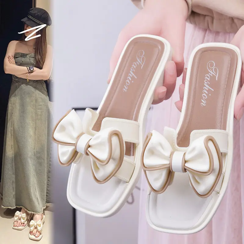 Dép Lê Nữ Mùa Hè, Đế Bằng, Không Trơn Trượt, Phong Cách Thường Ngày Thiết Kế Nơ Ngầu Thích Hợp Cho Nữ