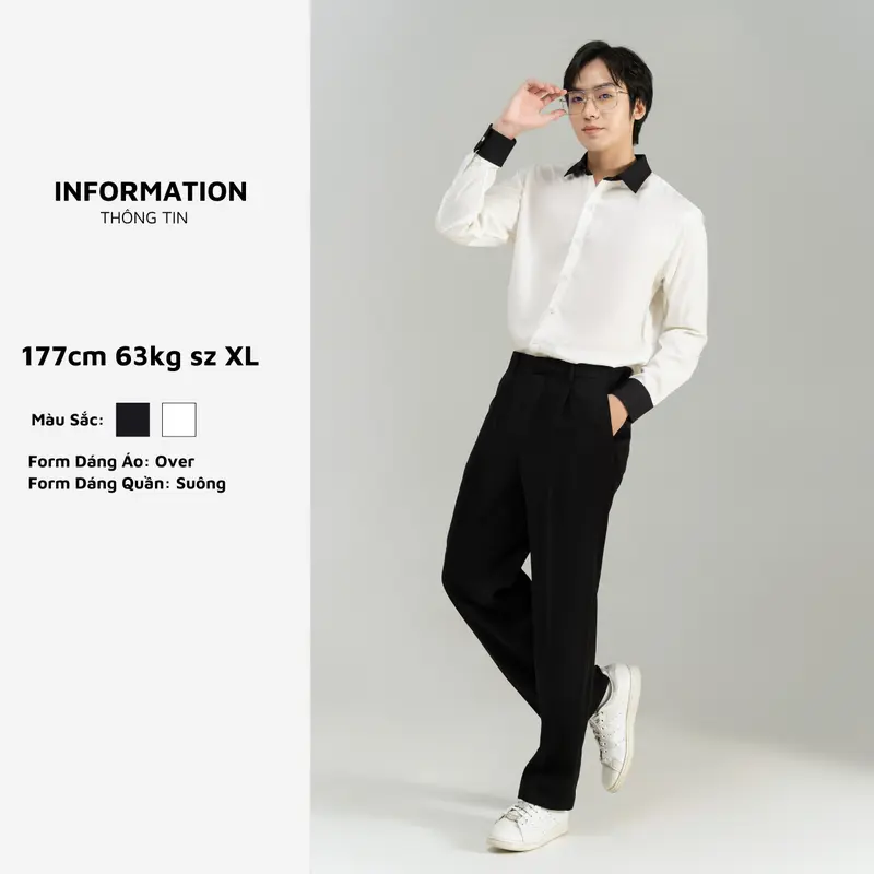 Áo sơ mi nam đen trắng cách điệu phối cổ hiện đại phong cách Hàn Quốc thương hiệu BAETON -S04 0