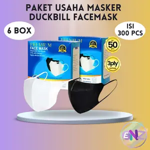 ENZ 6 BOX / 300 PCS PAKET USAHA BUNDLE HEMAT MASKER DUCKBILL DUCK BILL FACEMASK FACE MASK 3PLY 3 PLY WARNA HITAM PUTIH POLOS ISI 50PCS UKURAN DEWASA Karet 3020