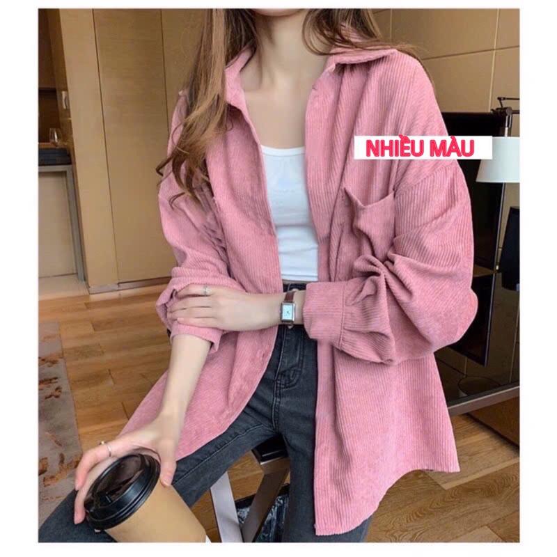 Áo sơ mi nhung tăm nữ nam unisex dáng rộng tay dài phồng áo khoác nhung tăm