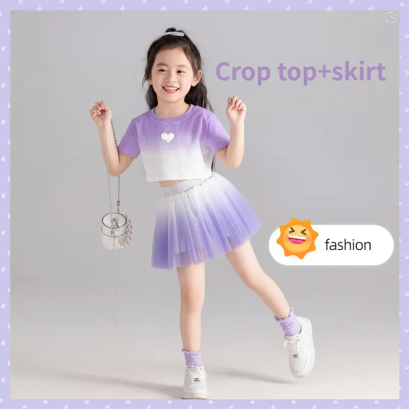 Kostum musim panas Kuromi-Ootd untuk kanak-kanak perempuan, 3, 5, 7, 8, 9, 10 dan 12 tahun, skirt Baju pendek dalam fesyen, sut putih dan ungu dengan kecerunan, pakaian tarian untuk kanak-kanak perempuan, pakaian persembahan sekolah, pakaian Kuromi