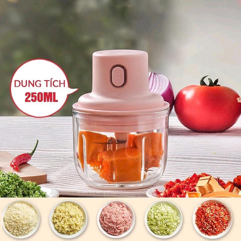 Máy Xay Tỏi Ớt, Máy Xay Đa Năng Cầm Tay Sạc Điện Lưỡi Thép 3 Cánh Quay Không Gỉ, Dễ Sử Dụng 250ml