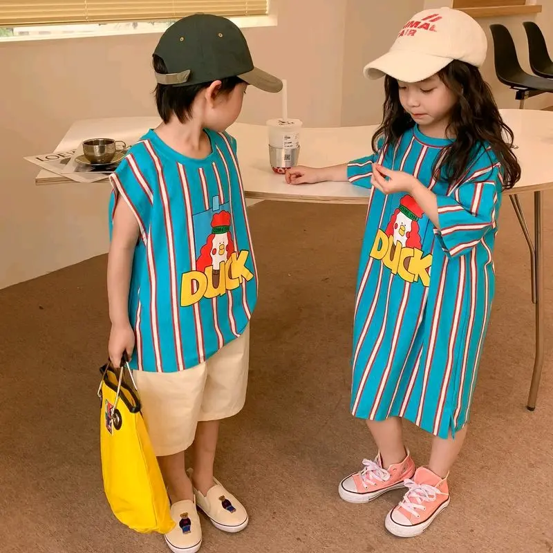 Váy suông cotton xanh kẻ cho bé gái