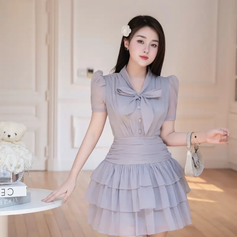 Lali_váy tơ xốp xoè tầng buộc nơ cổ cúc bọc sang chảnh_Ll060 8