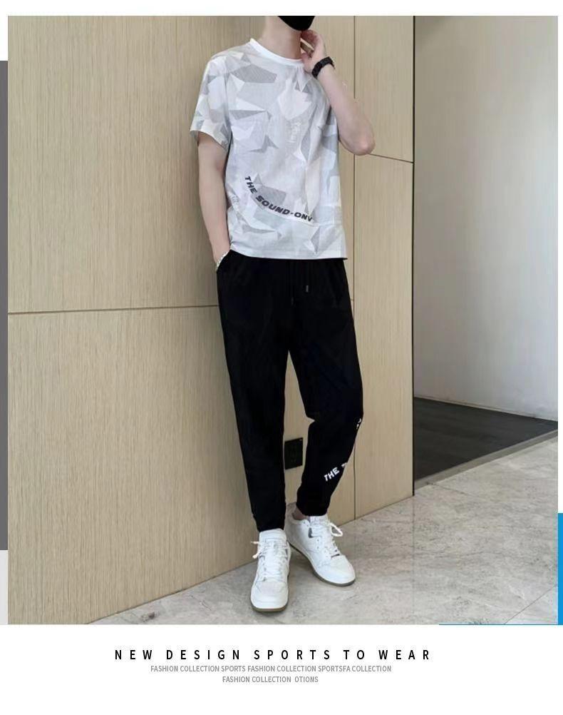 Product Introduction of Wolf Warrior Family Summer Ice Silk Casual Set Men's Short Sleeve T-Shirt Trendy Stylish Sportswear Shorts Two-Piece Set Sneakers 35