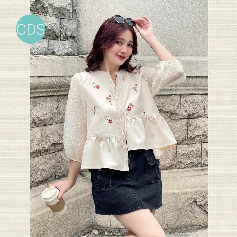 Áo babydoll thêu ODS bèo 1 tầng lệch, cổ trụ cột nơ xinh xắn cho nữ, chất mềm mịn, dễ ủi SIA43