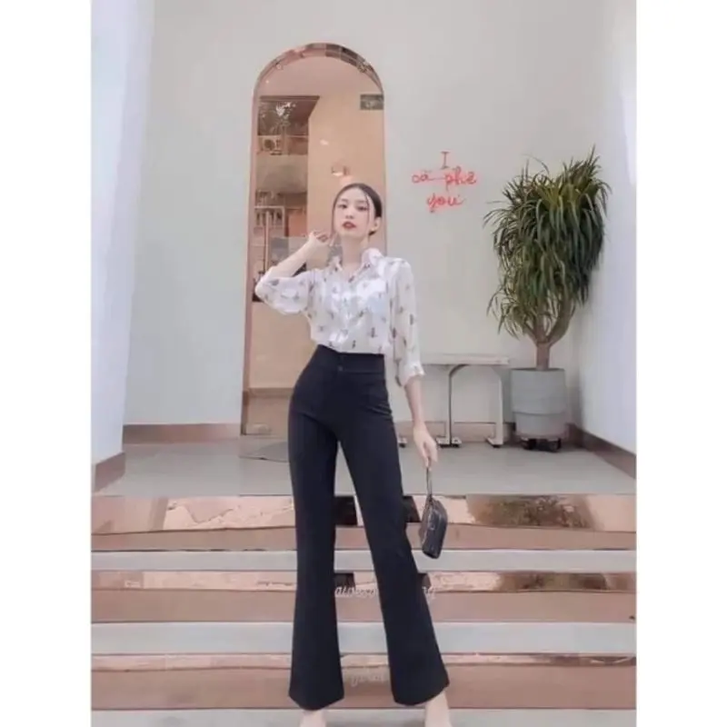 Quần Ống Loe Cạp Cao 2 Cúc Tôn Dáng Có Túi, Quần Vải Tuyết Mưa Hàn, Quần nữ đơn giản sang trọng DE LANA KOREA V828 không có Drawstring