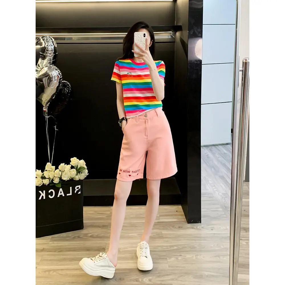 Shorts Short Sleeve Summer New Rainbow Striped Color-Block Crew Neck Short Sleeve Younger Fashion Chic Pullover Women's Suit Two-Piece Set Clothing Womenswear Lingerie Comfort