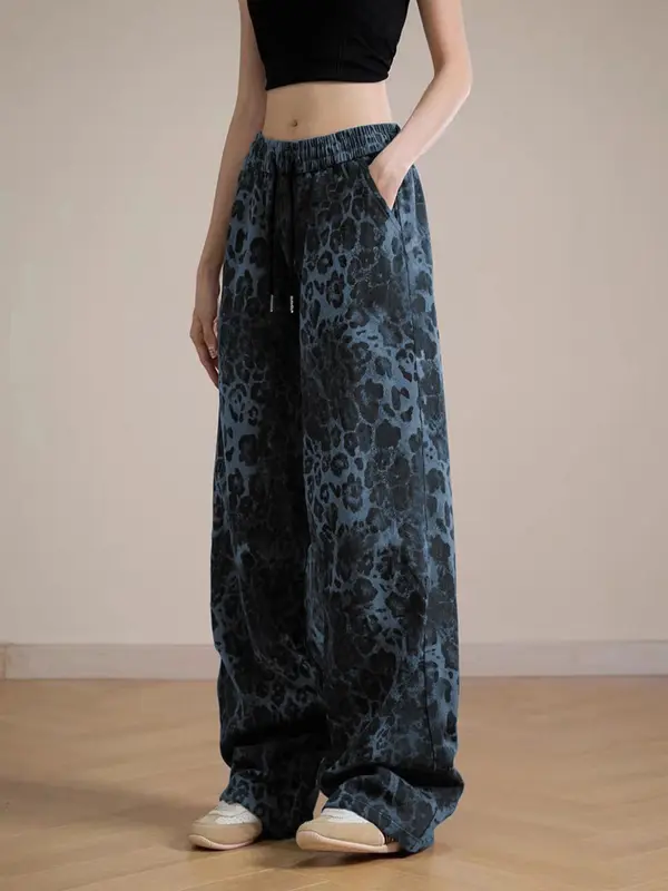 Women's Leopard Print Drawstring Waist Wide Leg Pants, Street Casual Elastic Waist Pocket Trousers for Daily Wear, Ladies Bottoms for Fall & Winter 2