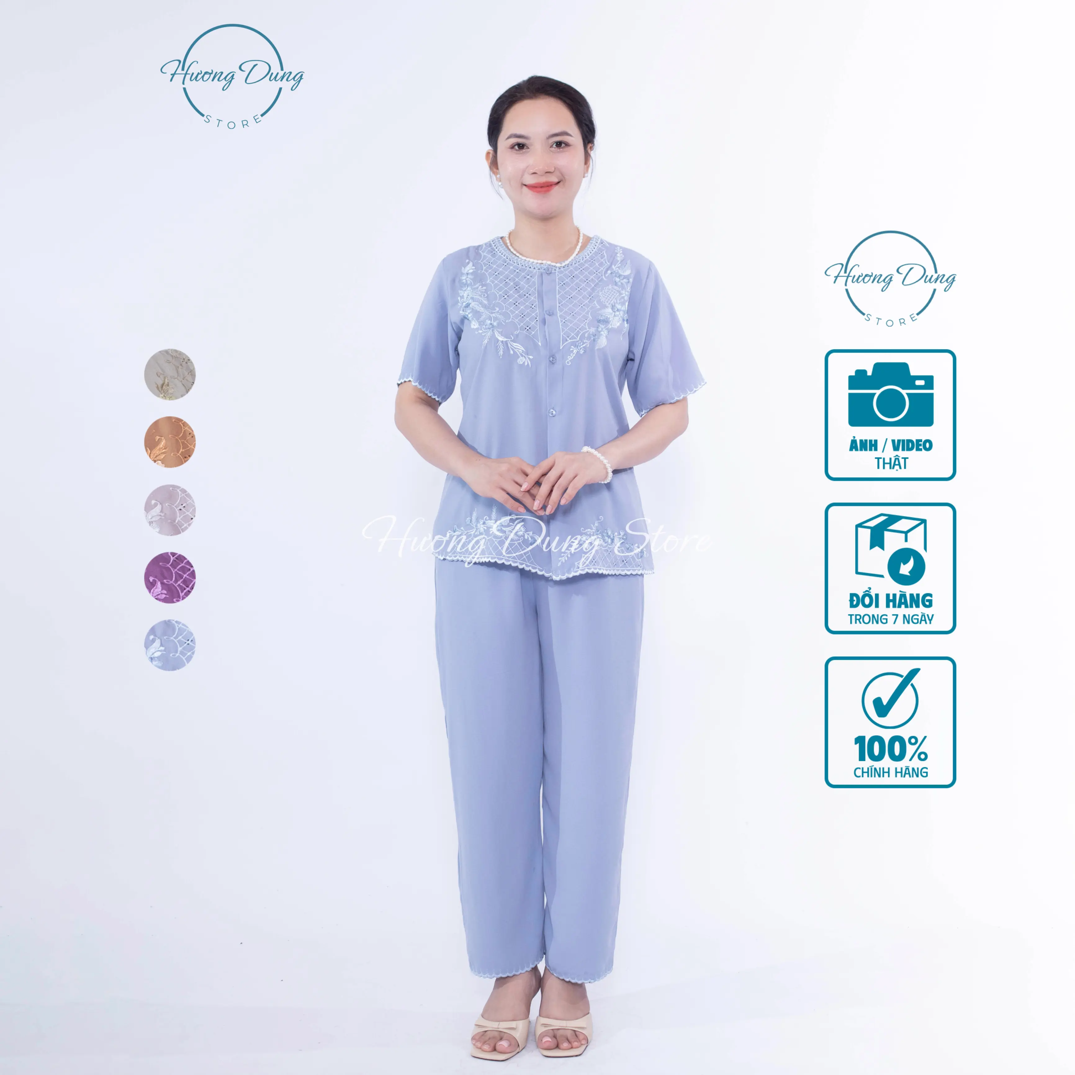 Đồ Bộ Trung Niên Silk Lụa Cao Cấp Hương Dung Họa Tiết Thêu Tay Thanh Lịch, Sang Trọng