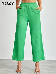 YOZY Women's Textured High Waist Pocket Straight Leg Pants, Casual Elastic Waist Wide Leg Trousers for Spring & Summer Outdoor