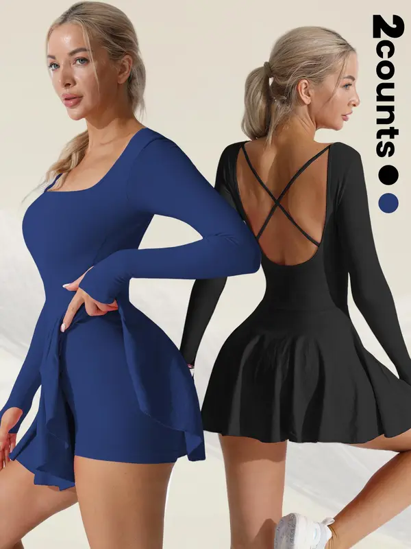 Women's Solid Criss Cross Backless 2 in 1 Sports Dress, Long Sleeve Square Neck Tennis Dress, Gym Wear, Ladies Sportswear for Indoor Outdoor Wear Valentine's Day, Gift, Activewear 8