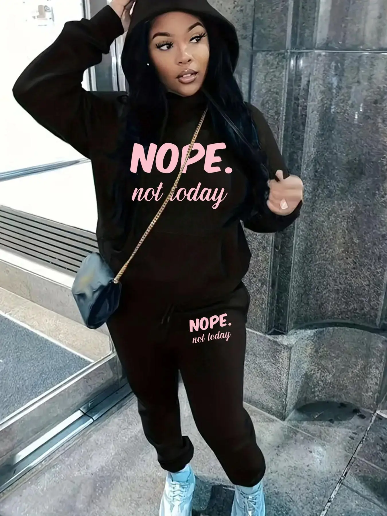 【Plus Size】 Two-Piece Set Letter Print Sweatshirt & Drawstring Waist Sweatpants Set, Casual Long Sleeve Hooded Pullover & Jogger Pants, Women's Fall & Winter Clothes