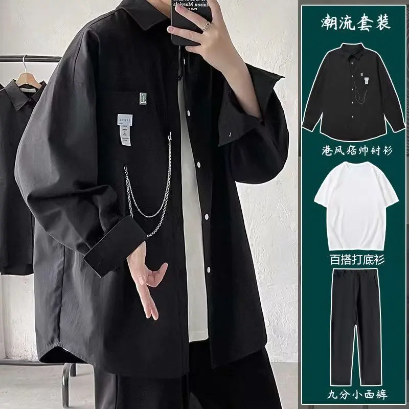 Bộ Ba Mảnh, Áo Sơ Mi Thời Trang Ngầu Phong Cách Hồng Kông, Bộ Đồ Thường Ngày Cho Nam, Thương Hiệu Hợp Xu Hướng Mùa Xuân Và Mùa Thu, Dáng Rộng Rãi, Thích Hợp Cho Học Sinh, Bộ 48 Giờ Vận Chuyển, 2025