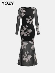 YOZY Women's Floral Print Long Sleeve Tulle Dress, Elegant Crew Neck Dress for Party Evening Formal Occasions, Ladies Clothes for All Seasons
