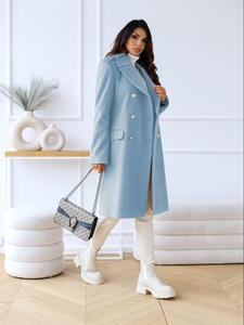 Women's Solid Double Button Pocket Overcoat, Casual Long Sleeve Lapel Neckline Coat for Fall & Winter, Women's Clothing for Daily Wear